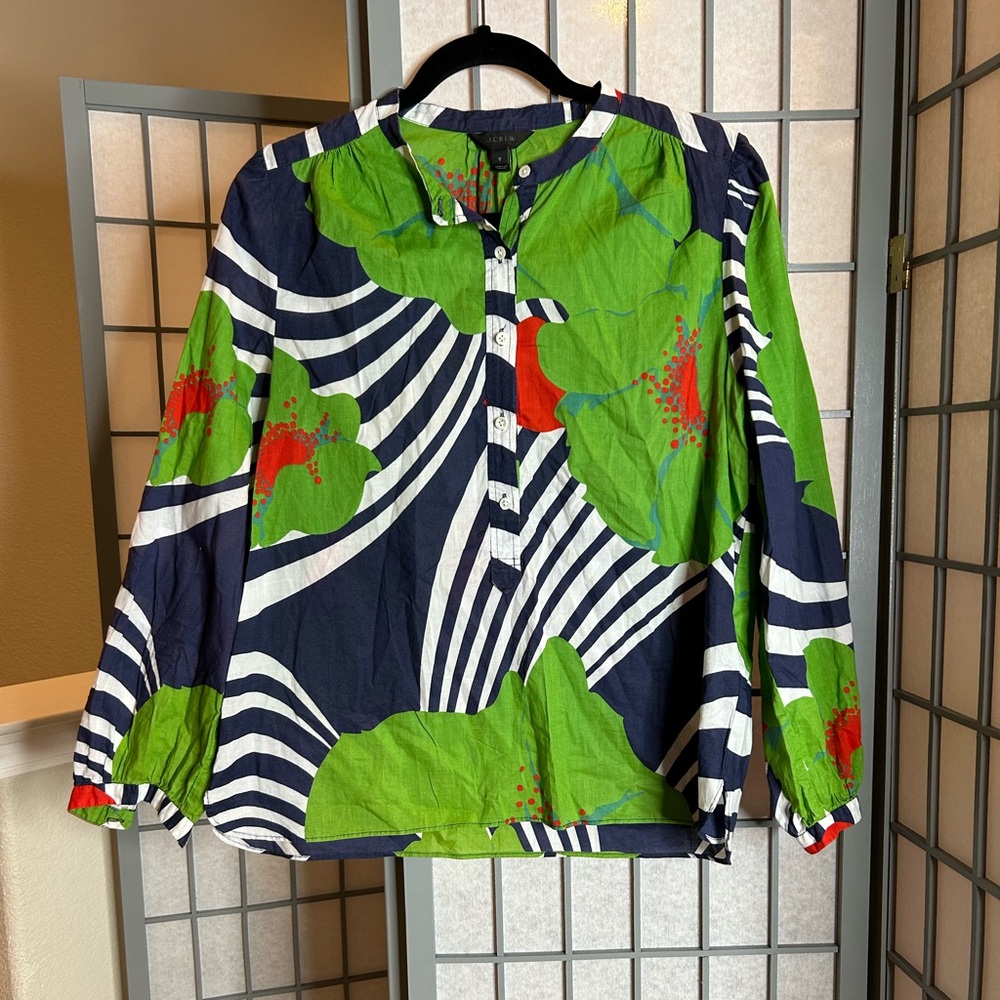 J. Crew Green and Blue Floral Blouse